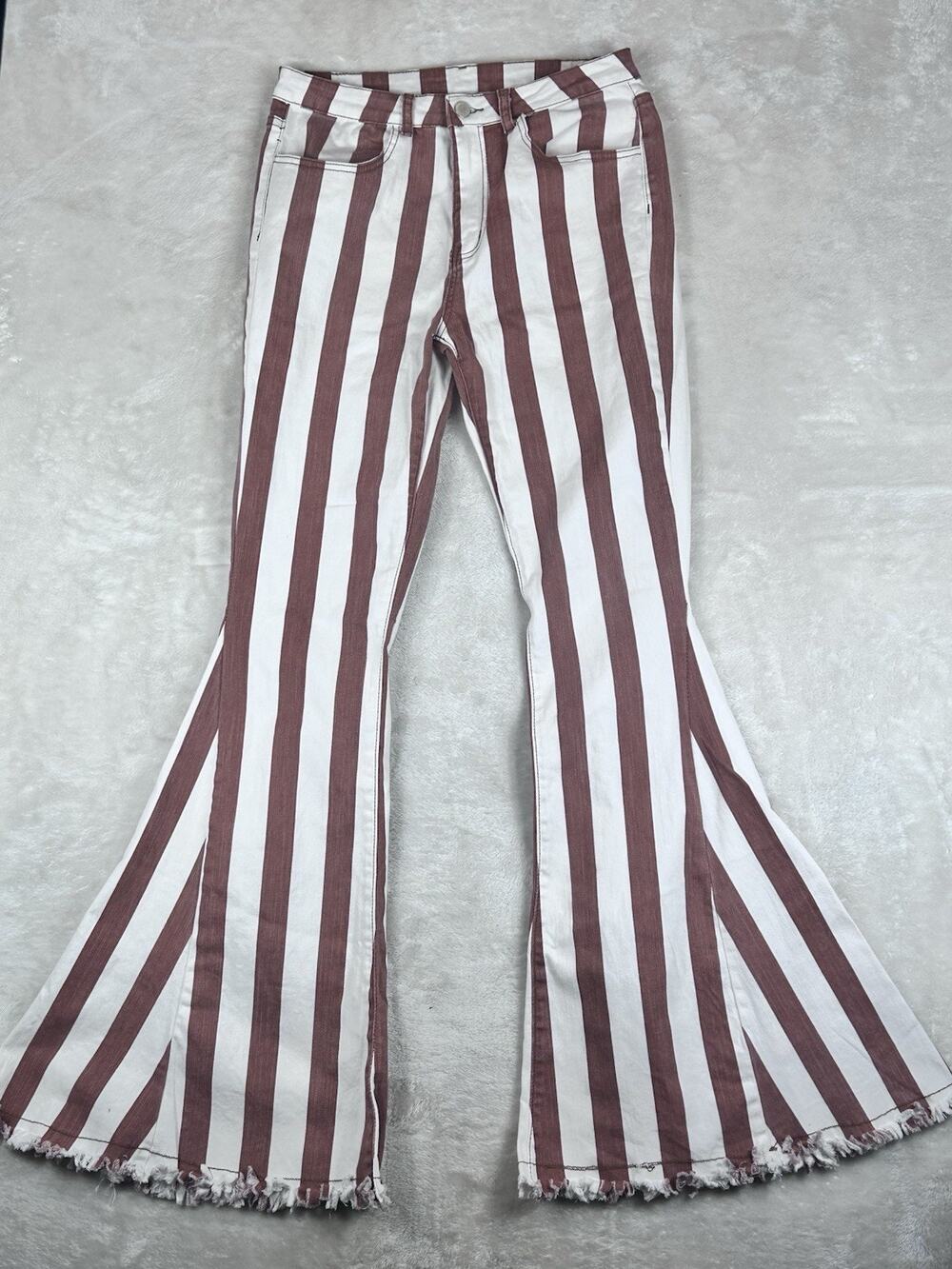 Saints & Hearts Jeans Womens Large Brown White Striped High Rise Bell Bottom